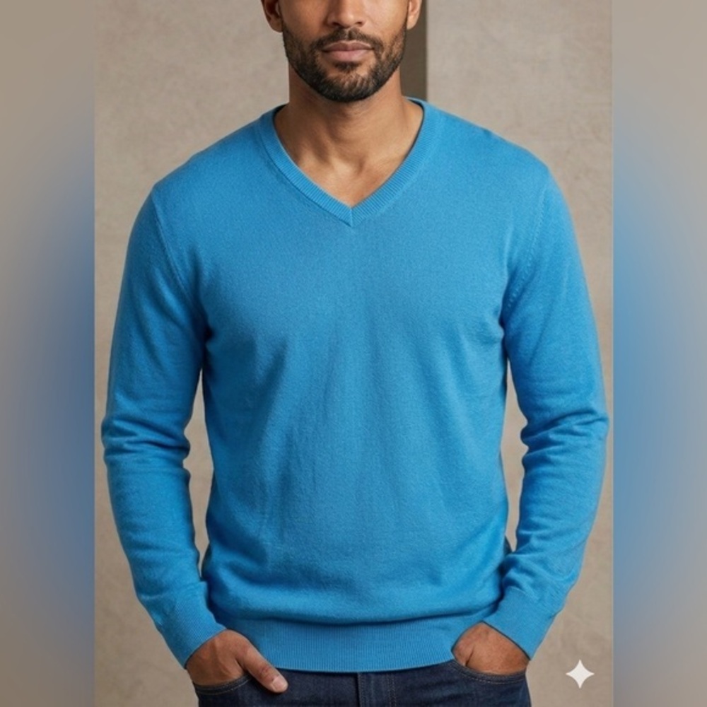 Alan Flusser Men’s X Large Turquoise Cotton Cashmere V Neck Pullover Sweater XL
